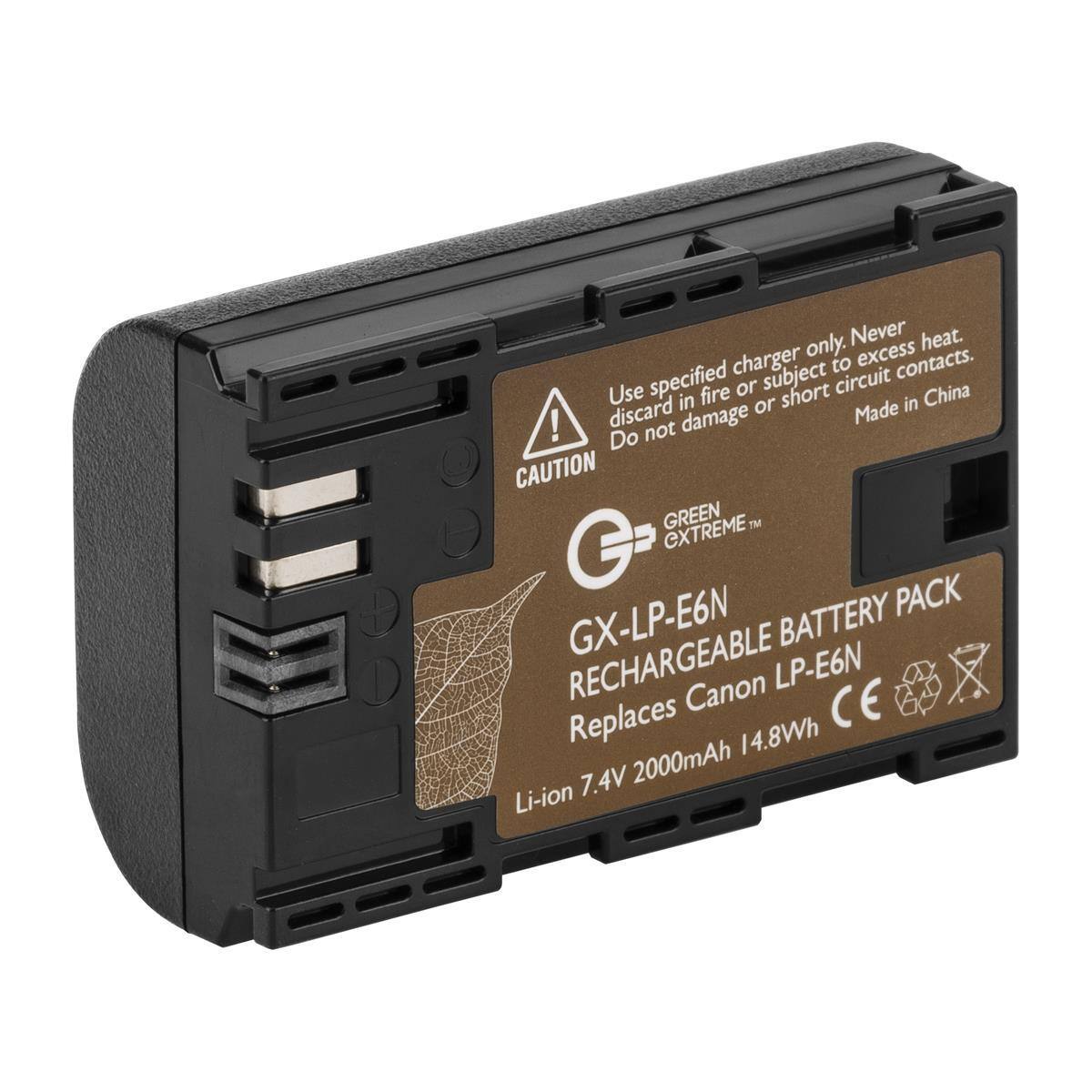 Use specified charger only. Never heat. Do not damage or subject to excess circuit contacts. Made in China. CAUTION EXTREME GREEN GX-LP-E6N BATTERY PACK RECHARGEABLE Replaces Canon LP-E6N CE 2000mAh 14.8Wh Li-ion 7.4V