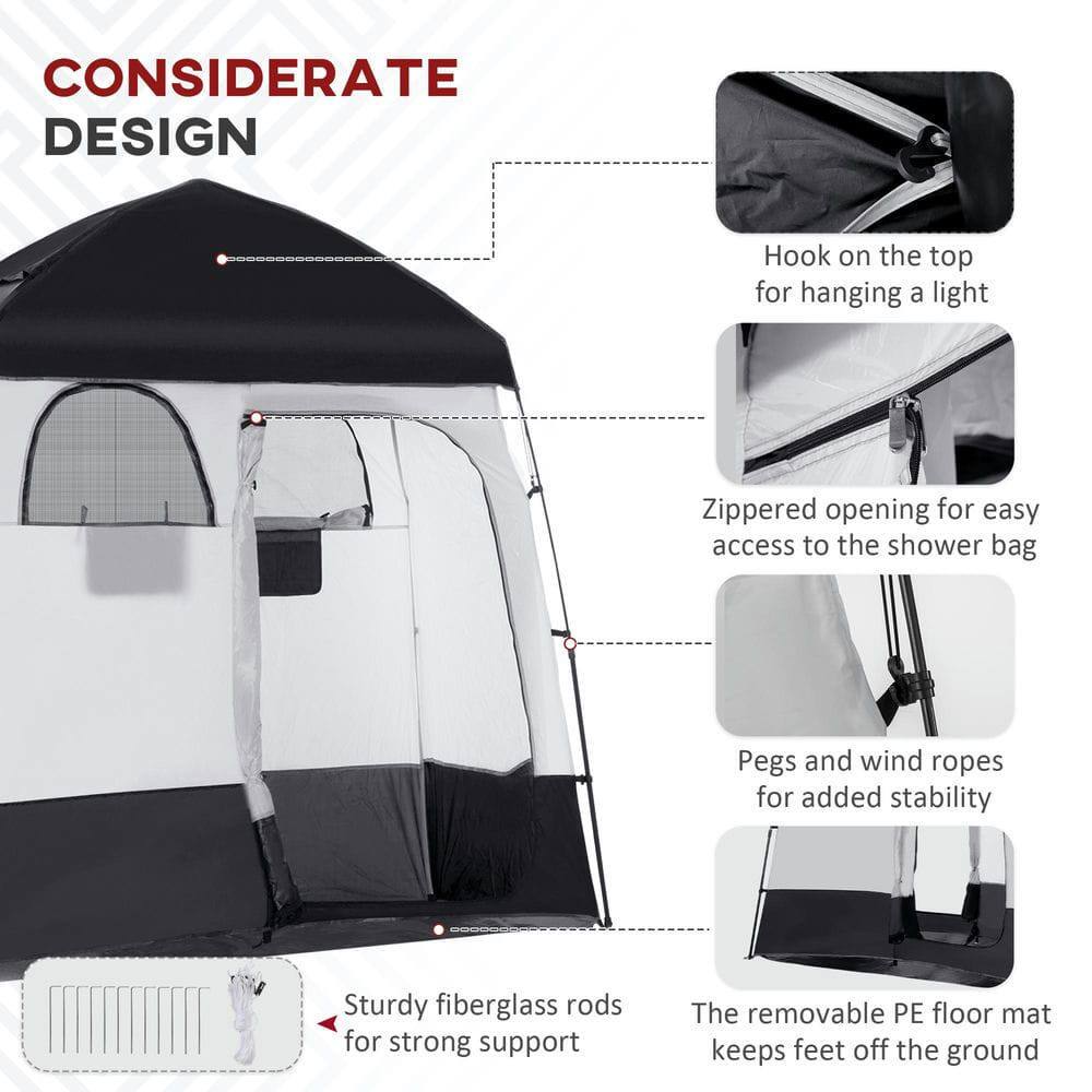 CONSIDERATE DESIGN

- Hook on the top for hanging a light
- Zippered opening for easy access to the shower bag
- Pegs and wind ropes for added stability
- Sturdy fiberglass rods for strong support
- The removable PE floor mat keeps feet off the ground