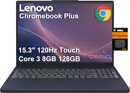 Lenovo - Chromebook Plus 15.3" FHD+ Touchscreen Laptop - Intel Core 3 Processor N355 2025 - 8GB RAM - 128GB+128GB SD - Chrome OS - Blue