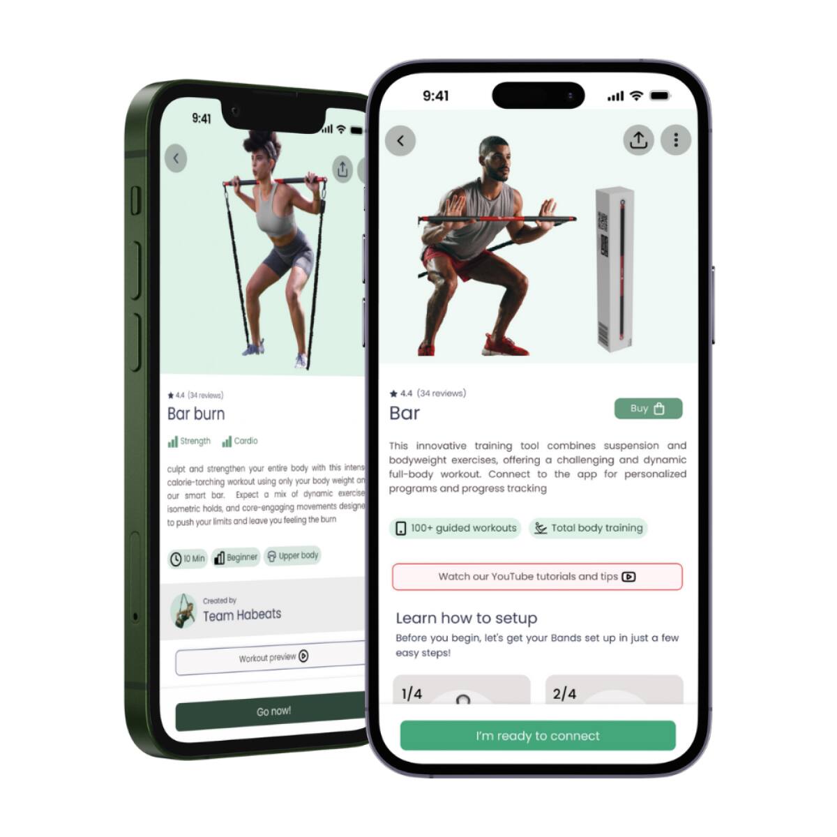 9:41, 9:41, 4.4 (34 reviews), Bar burn, Buy, Strength, Cardio, This innovative training tool combines suspension and bodyweight exercises, offering a challenging and dynamic, culpt and strengthen your entire body with this inters full-body workout. Connect to the app for personalized calorie-torching Jucsow using onily your body weight on programs and progress tracking our smort bar. Expect a mis of dynamic exercise isometric holds and core-engaging movements design to limits and leave you feeling the bum push your 100+ workouts Total guided body training, 1/4, 2/4, I'm ready to connect, Watch our YouTube tutorials and tips, Created by Team Habeats, fucioW preview, Learn how to setup, Before you begin, let's get your Bands set up in just a fow easy steps!, Go now!