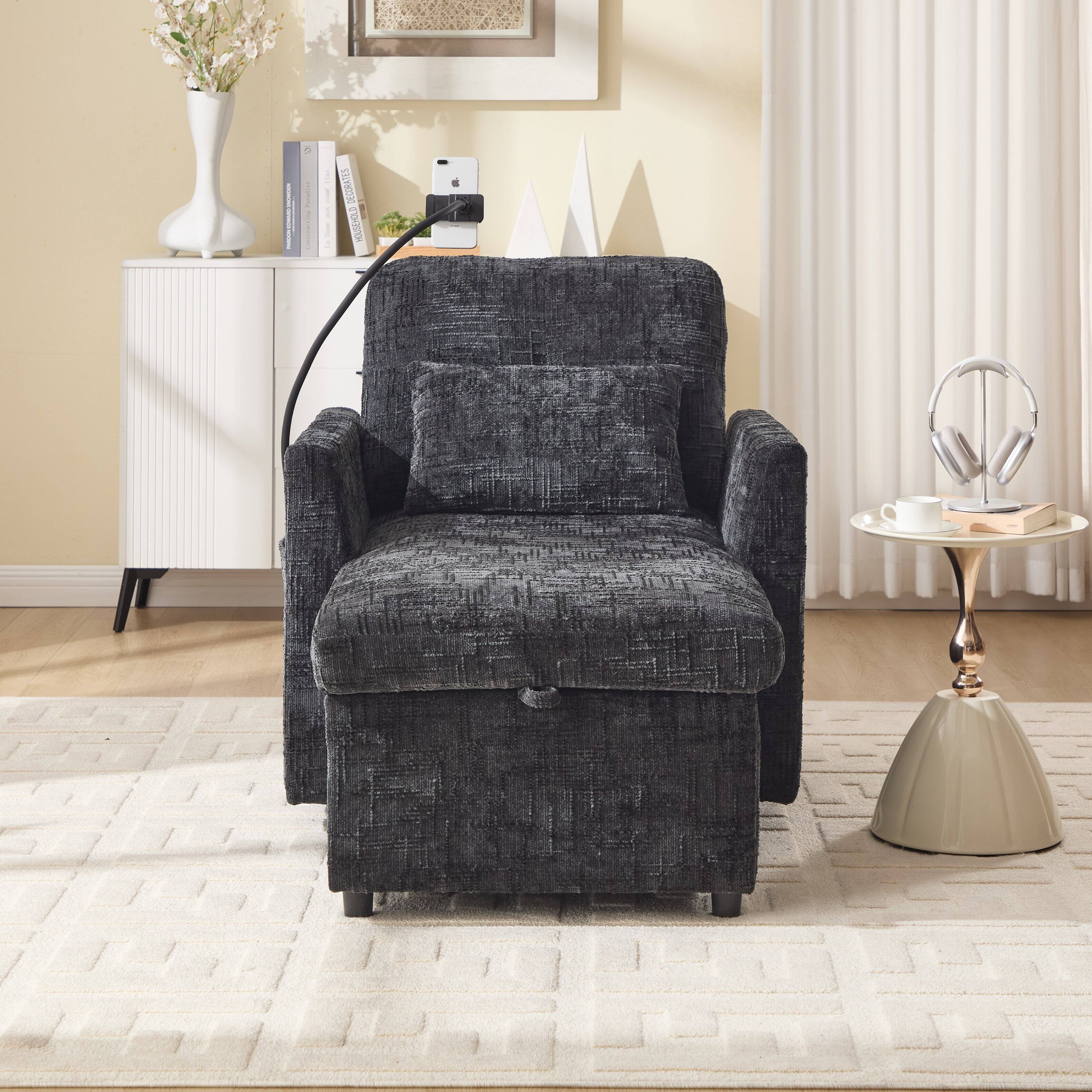 Angle. Trinkets Crazed - Lazy Person Sofa Couch, Multifunctional Chenille Single Leisure Chair with Storage Backrest, Cell Phone Bracket - Black.