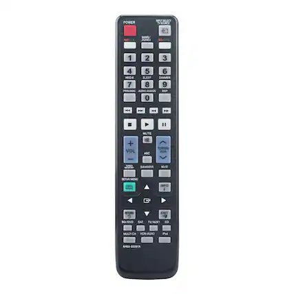 POWER INFUT SELECT SOURCE AMP TV MAIN/ ZONE2 80 DVD 1 2 3 4 5 6 NEO:6 SLEFP DIMMER 7 8 9 PROLOGIC AUDIO ASSIGN DSP 0 H H4 4 " MUTE + VOL ASC TUNING CH | TUNER MEMERY SUB WOOFER MO/ST SETUP/MENU ... INFO I RETURN EXIT BD/DVD SAT TV/AUX1 CD MULTI CH VCR/AUX iPod AHSB 02297A