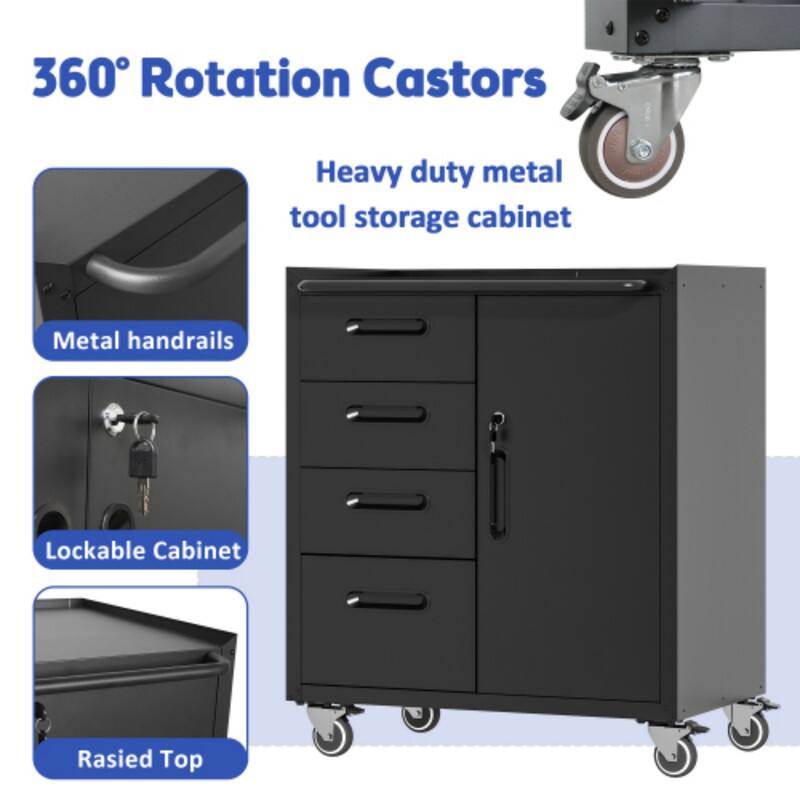 360° Rotation Castors  
Heavy duty metal tool storage cabinet  
Metal handrails  
Lockable Cabinet  
Rasied Top