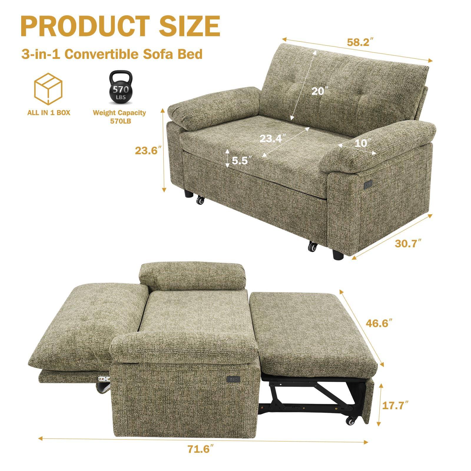 PRODUCT SIZE  
3-in-1 Convertible Sofa Bed  

ALL IN 1 BOX  
Weight Capacity 570LB  

58.2"  
20"  
23.4"  
10"  
30.7"  
46.6"  
17.7"  
71.6"  
23.6"  
5.5"