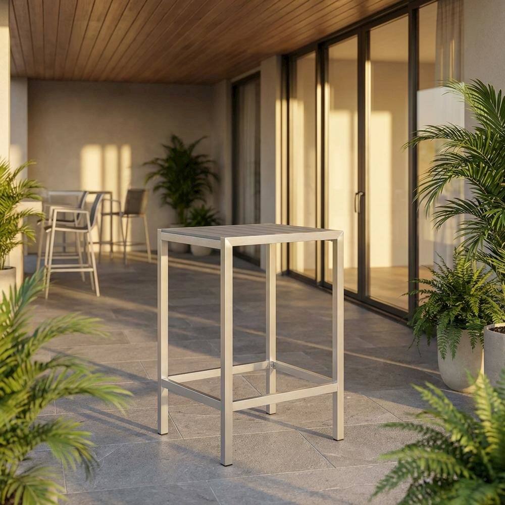 Angle. Outdoor Escape - Aluminum Outdoor Bar Table With Square Top And Modern Design - Gray.
