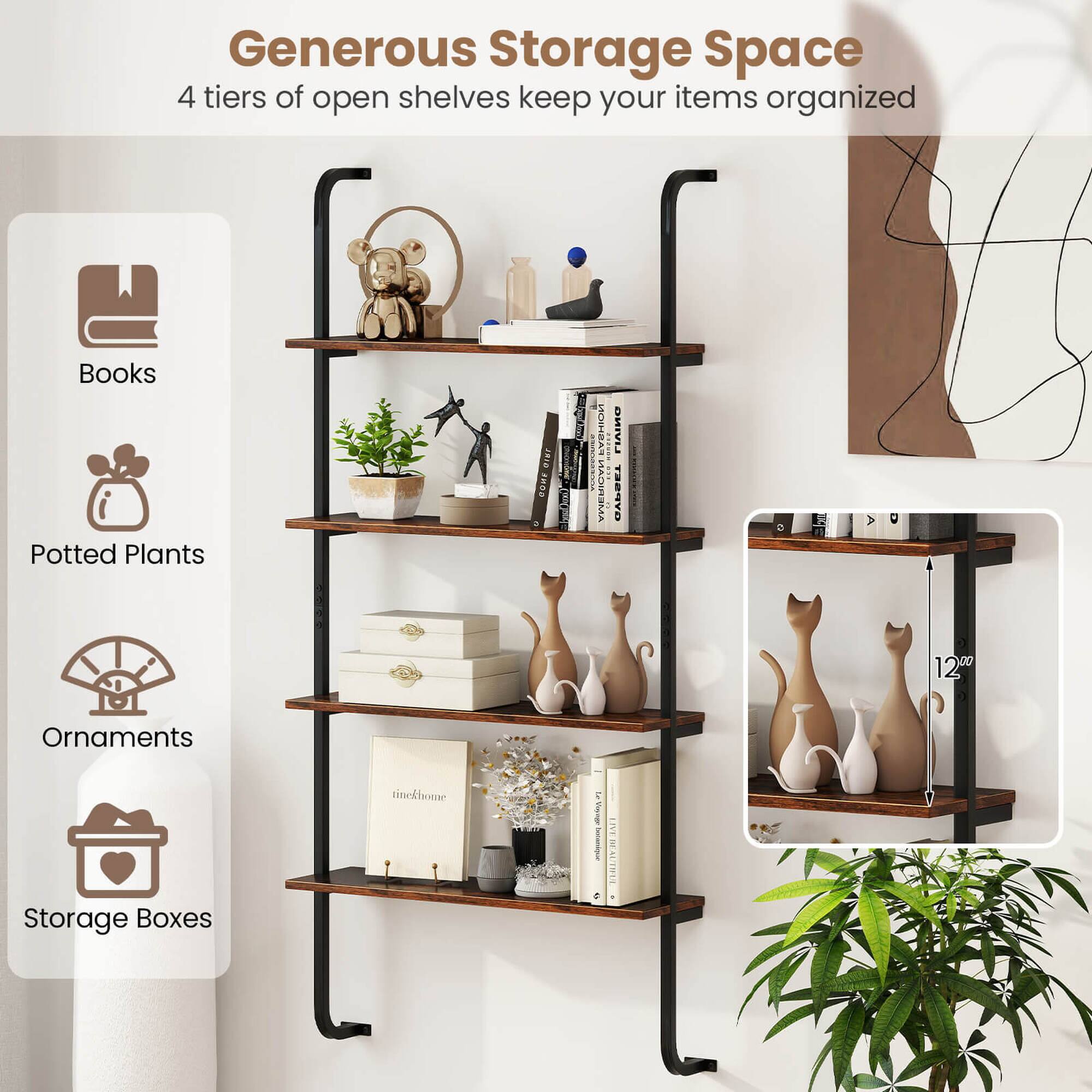 Generous Storage Space: 4 tiers of open shelves keep your items organized.

Books, Potted Plants, Ornaments, Storage Boxes, and Home Decor are all displayed on the shelves.