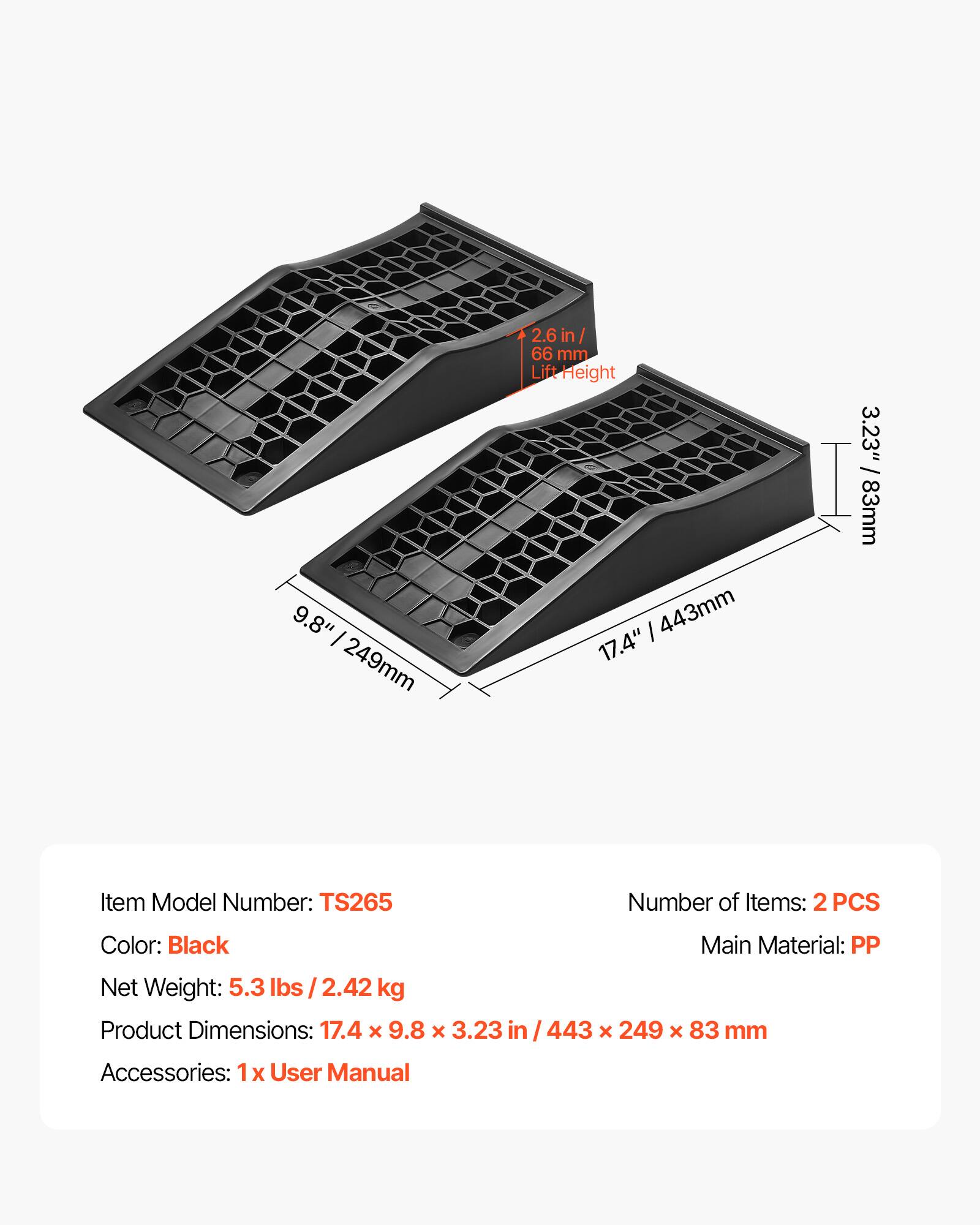 9.8" / 249mm  
2.6 in / 66 mm Lift Height  
3.23" / 83mm  
Item Model Number: TS265  
Number of Items: 2PCS  
Color: Black  
Main Material: PP  
Net Weight: 5.3 lbs / 2.42 kg  
Product Dimensions: 17.4" x 9.8" x 3.23" / 443 x 249 x 83 mm  
Accessories: 1 x User Manual