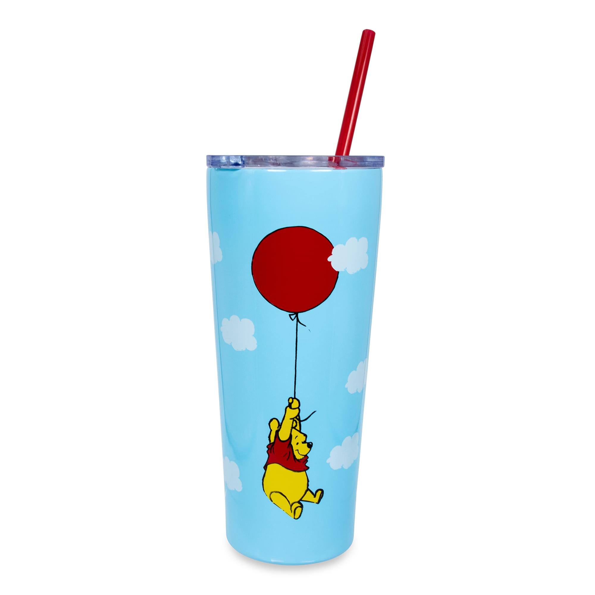 Front. Disney - Winnie the Pooh Balloon Stainless Steel Tumbler With Straw | Holds 22 Ounces - Blue.