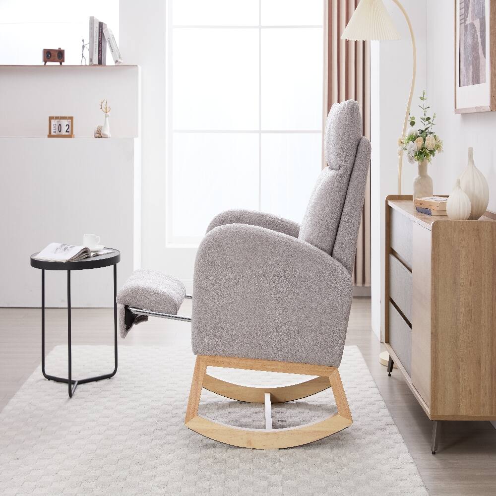 Alt View 7. Loheer - Loheer Light Gray Teddy Fabric Nursery Rocking Chair with Adjustable Footstool and Solid Wood Base - Light Gray.