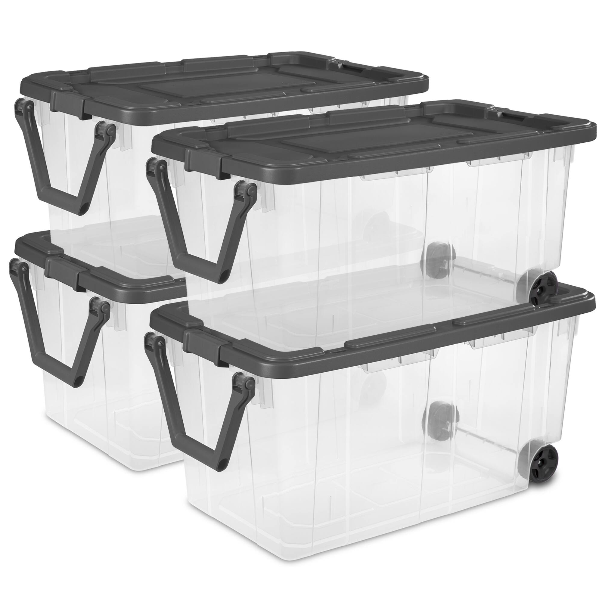Front. Sterilite - Sterilite 160 Qt Latching Stackable Wheeled Storage Box Container w/ Lid, 4 Pack.