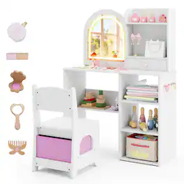 Gymax - Kids Vanity Set Princess Girls Makeup Vanity Desk w/ 3-Color LED Lighted Mirror - White