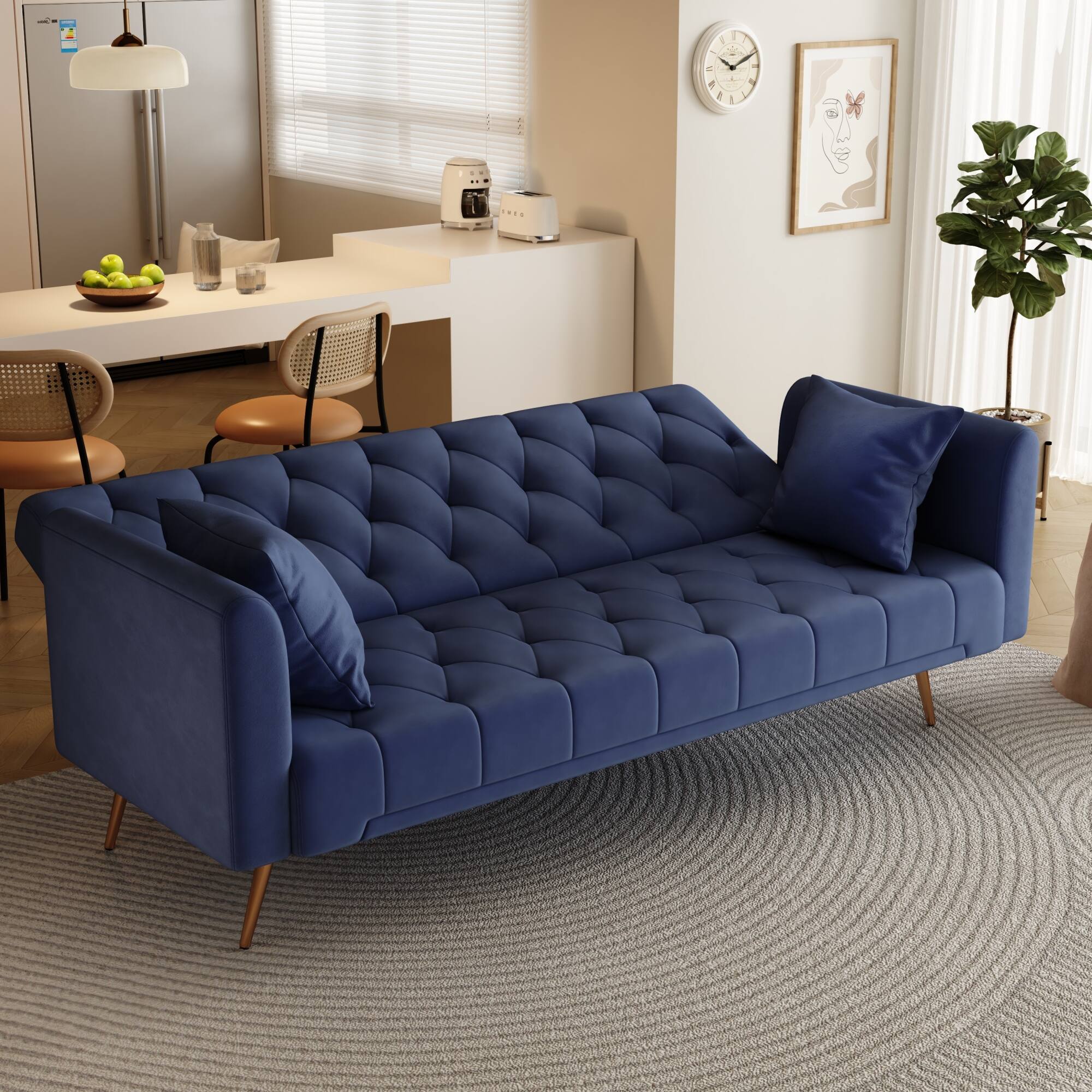 Left. GOODSILO - Convertible Velvet Sofa Bed with Adjustable Backrest for Small Spaces, Living Room and Office Use - Blue.