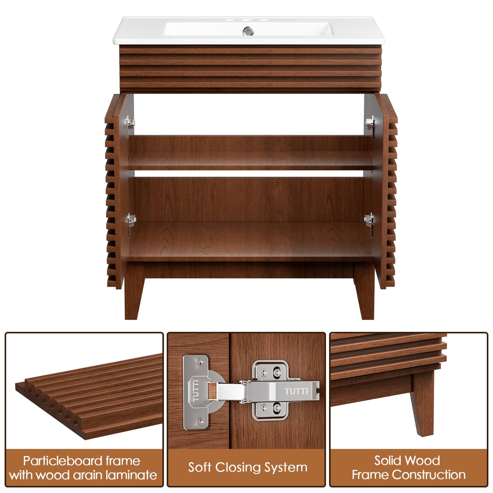 TUTTI, Particleboard frame with wood arain laminate, Soft Closing System, Solid Wood Frame Construction