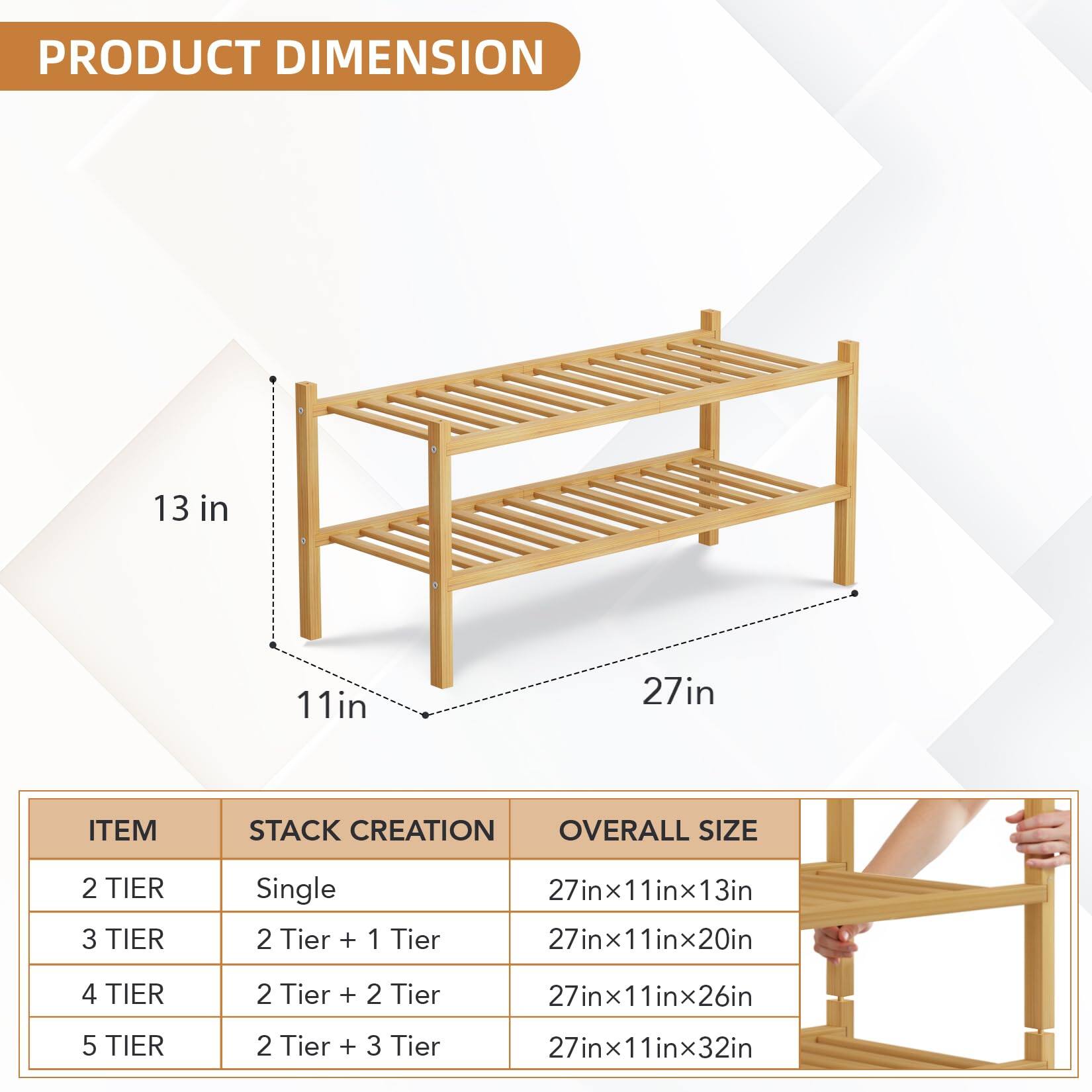 **PRODUCT DIMENSION**

- 13 in
- 11 in
- 27 in

**ITEM STACK CREATION OVERALL SIZE**

- **2 TIER**
  - Single
  - 27in x 11in x 13in

- **3 TIER**
  - 2 Tier + 1 Tier
  - 27in x 11in x 20in

- **4 TIER**
  - 2 Tier + 2 Tier
  - 27in x 11in x 26in

- **5 TIER**
  - 2 Tier + 3 Tier
  - 27in x 11in x 32in