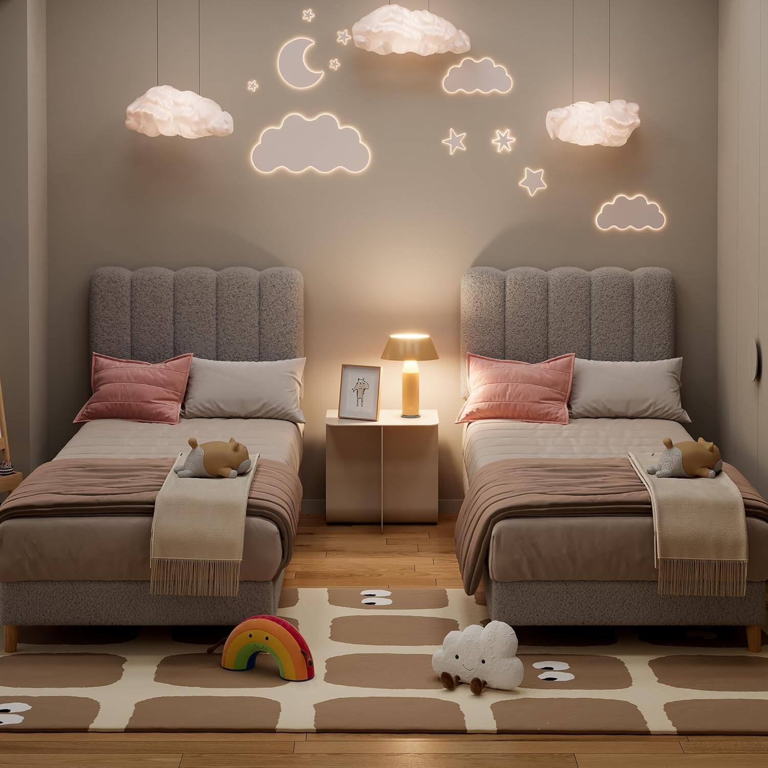 Alt View 4. Qeetex - Twin XL Bed Frame Boucle Upholstered Platform Bed with Wave Headboard for Girls Boys Kids Easy Assembly Wooden Slats Sup - As Shown.