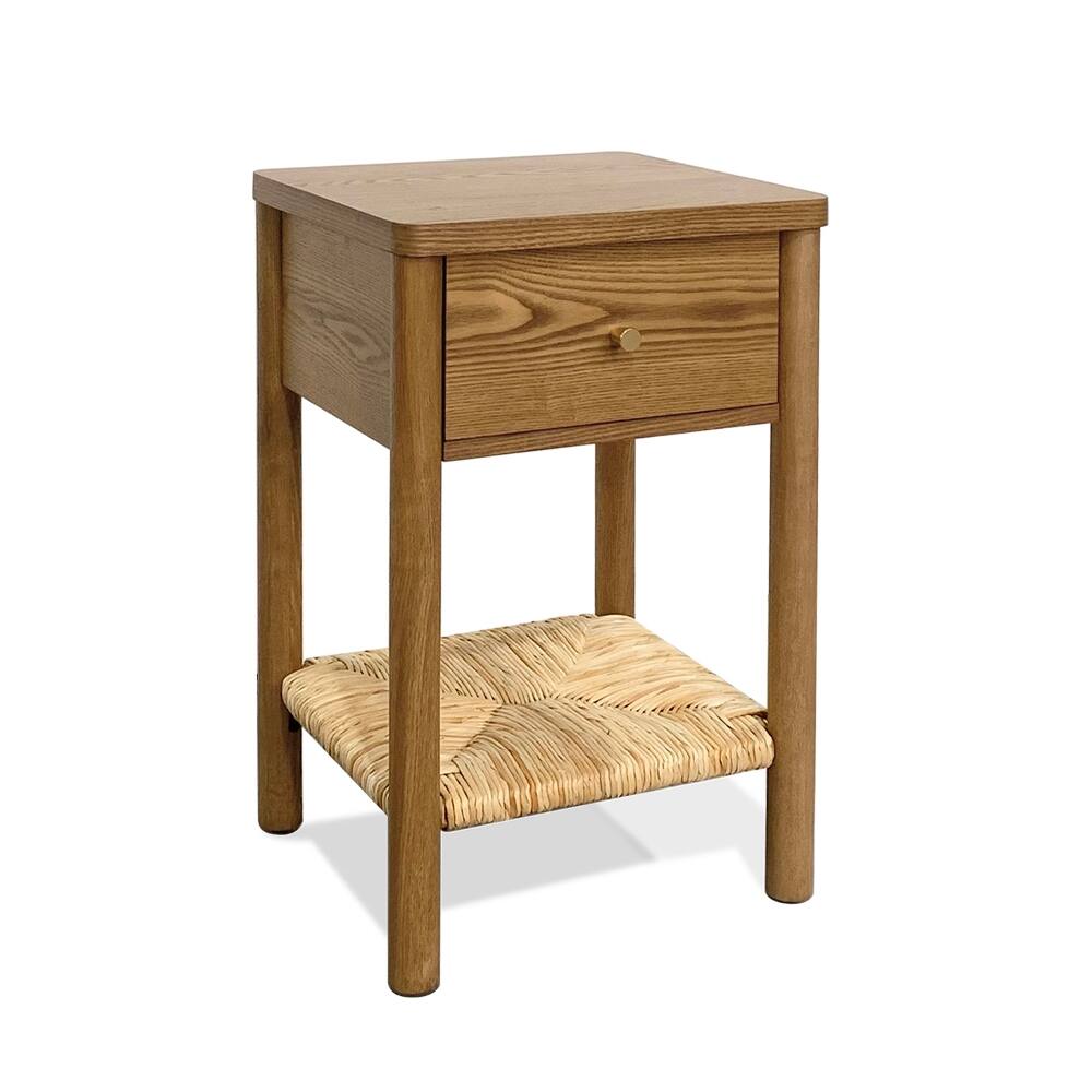 Alt View 3. Loheer - Loheer Walnut Nightstand Solid Wood End Table with Drawer Jute Shelf Rounded Edge Bedside Table for Bedroom Living Room - Walnut.