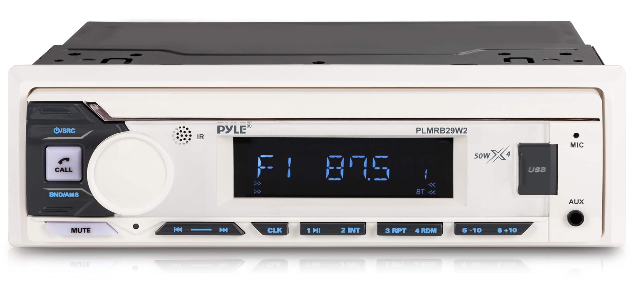 Pyle - Marine Radio Single DIN Receiver – Bluetooth Wireless Streaming, AM/FM Tuner, USB/AUX MP3 Playback, Hands-Free Call - White