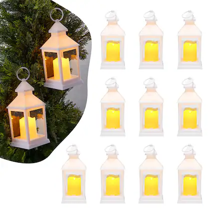 Front. VEVOR - 12 Pcs Decorative Candle Lantern, LED Electric Flameless Candle, Plastic LED Holder with Glass, Wall Hanging - White.