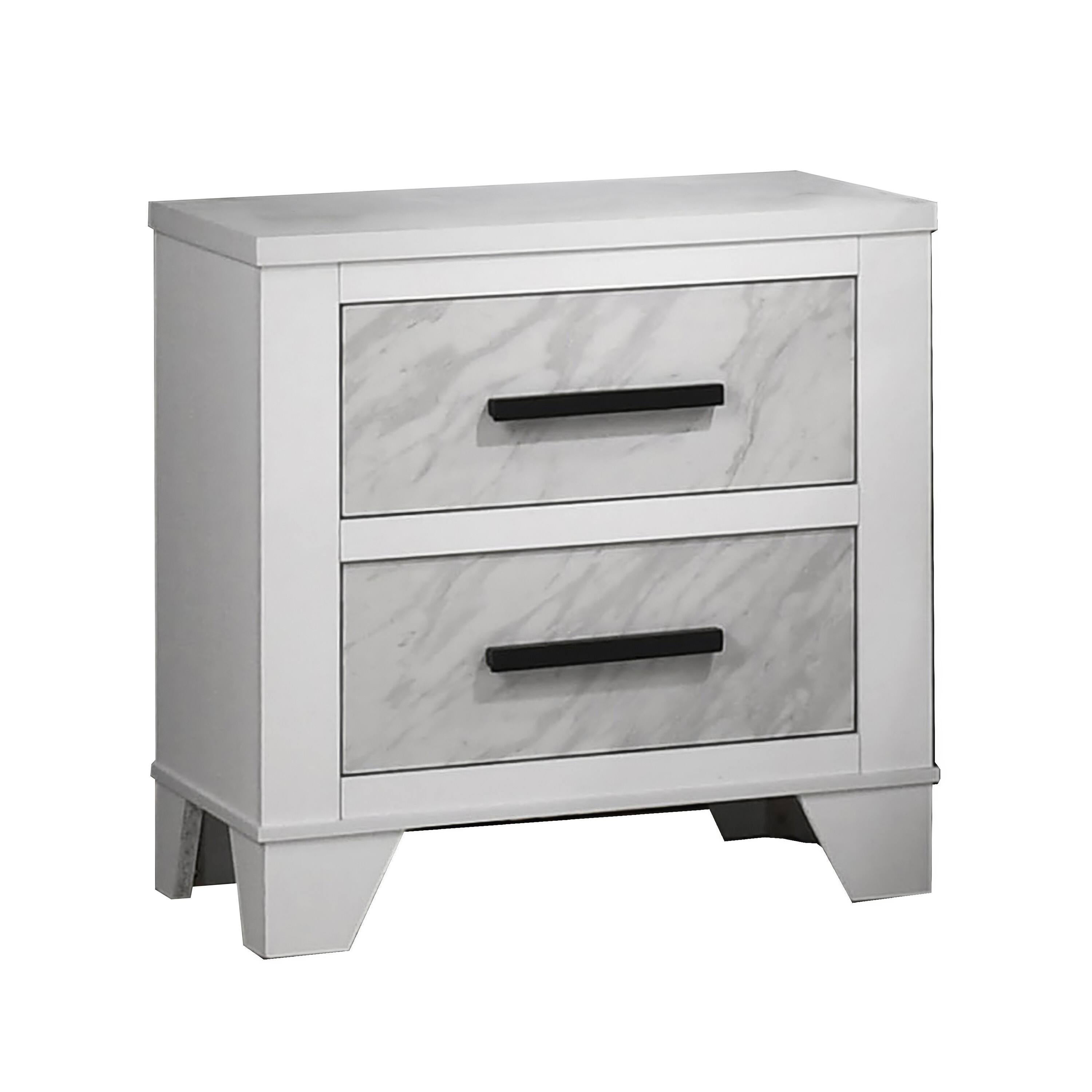 Angle. Manhattan Lane - Feza Nightstand, 2 Drawers with Faux Marble Inset, Pulls - White, Black.