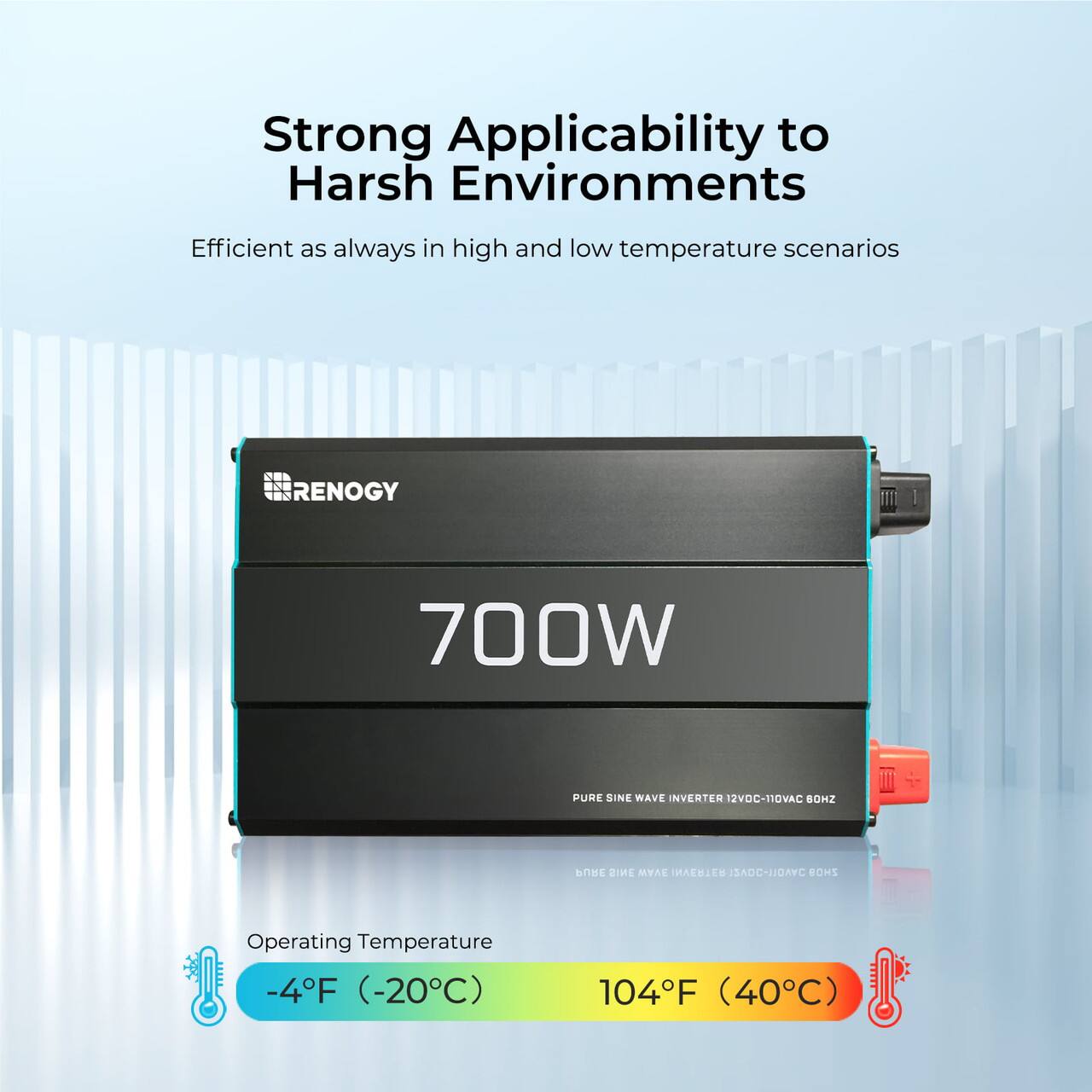 The text on the image is already grouped and corrected. It reads:

"Strong Applicability to Harsh Environments Efficient as always in high and low temperature scenarios RENOGY 700W PURE SINE WAVE INVERTER 12VDC-110VAC SOMZ I ANIS MYAE EBI ISADC-UDAYC MOMS Operating Temperature -4F (-20C) 104F (40C)"