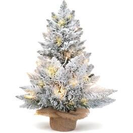 RTMB - 2ft Pre-Lit Snowy Tabletop Christmas Tree with LED Lights, Flocked Pine, Burlap Base for Indoor Home Decor - White