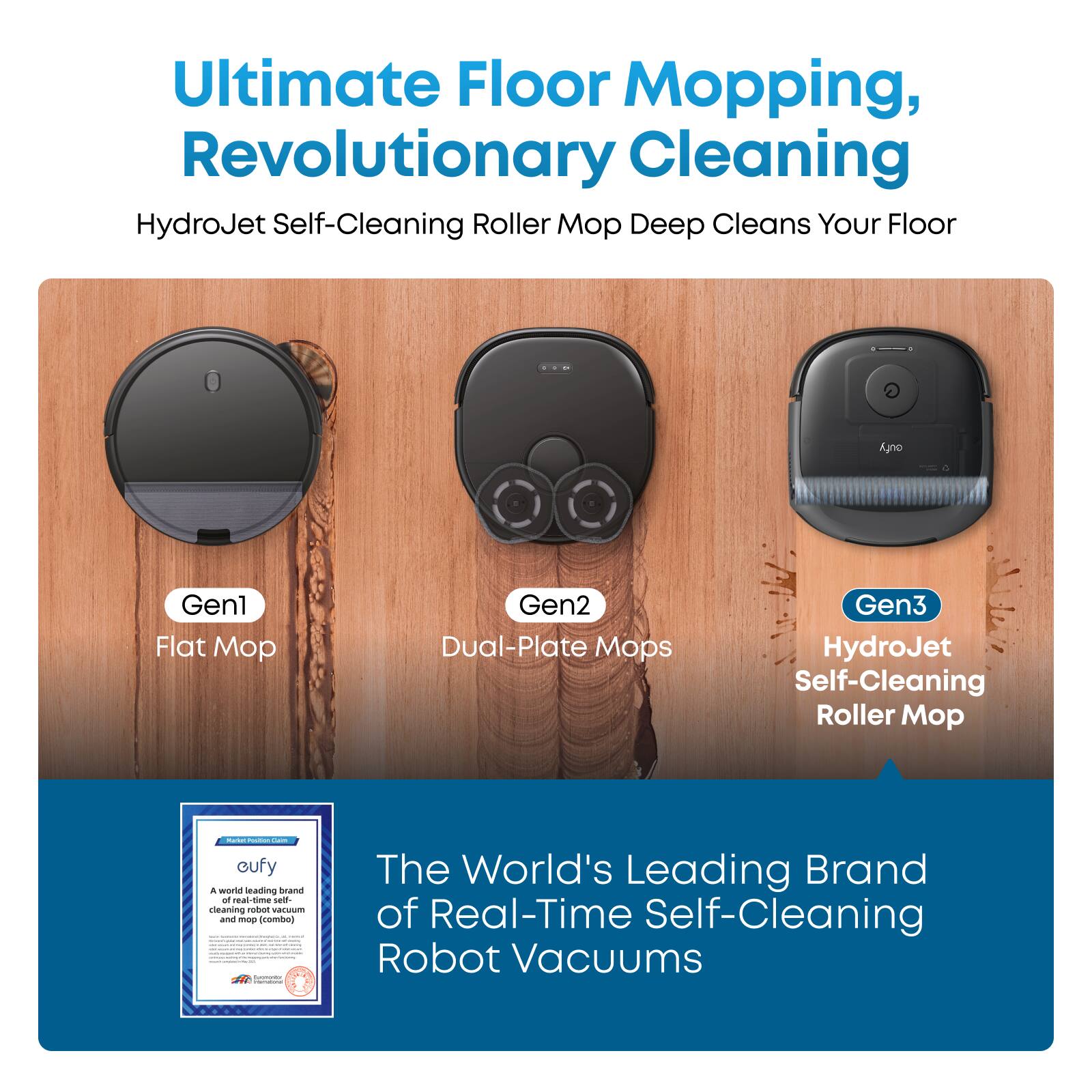 Ultimate Floor Mopping, Revolutionary Cleaning  
HydroJet Self-Cleaning Roller Mop Deep Cleans Your Floor  

Gen1 Flat Mop  
Gen2 Dual-Plate Mops  
Gen3 HydroJet Self-Cleaning Roller Mop  

cufy - a leading brand of real-time self-cleaning robot vacuums and mops  

The World's Leading Brand of Real-Time Self-Cleaning Robot Vacuums