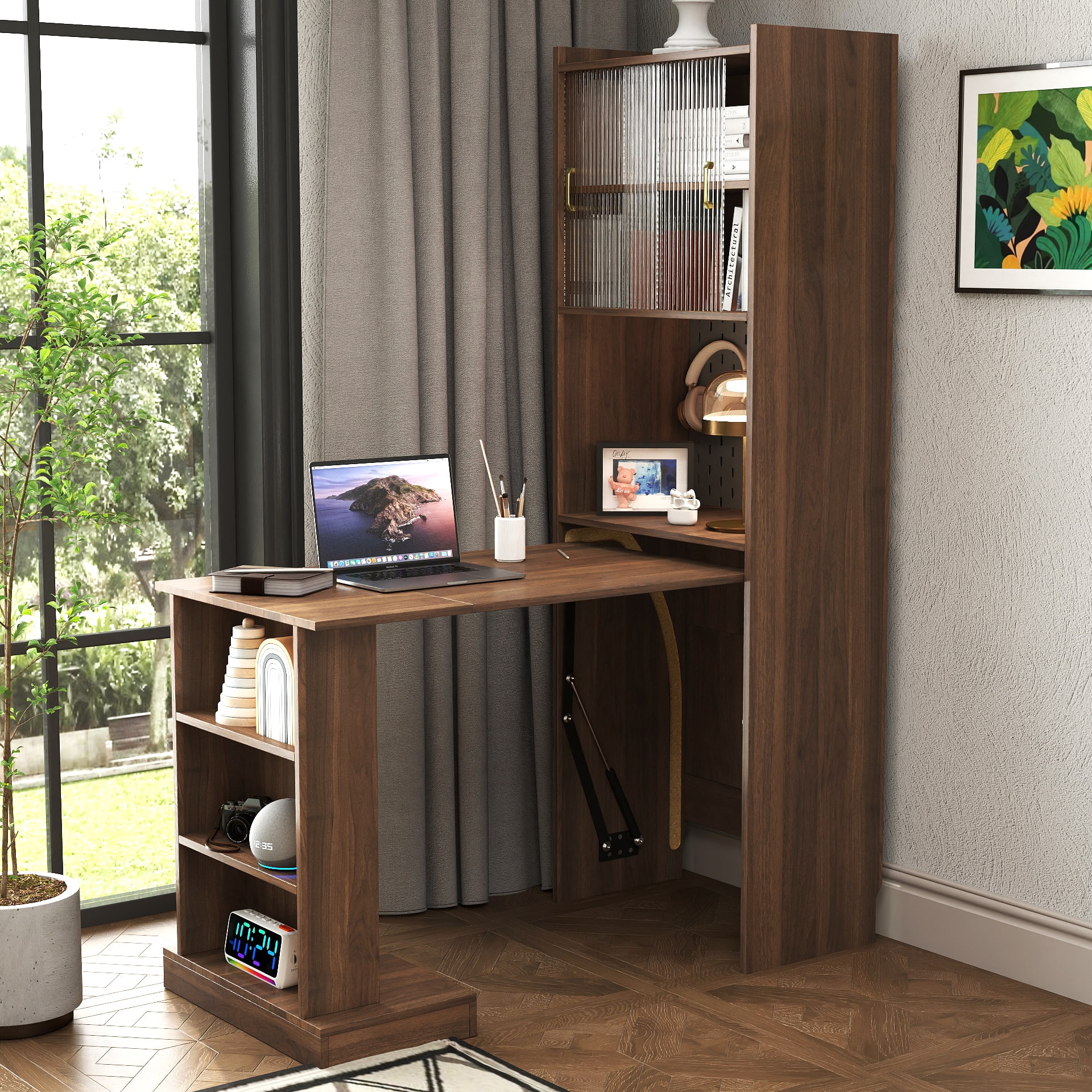 Tiramisubest - Folding Desk with Storage,Space-Saving Foldable Computer Desk for Small Spaces,Writing Study Table for Home Office - Walnut