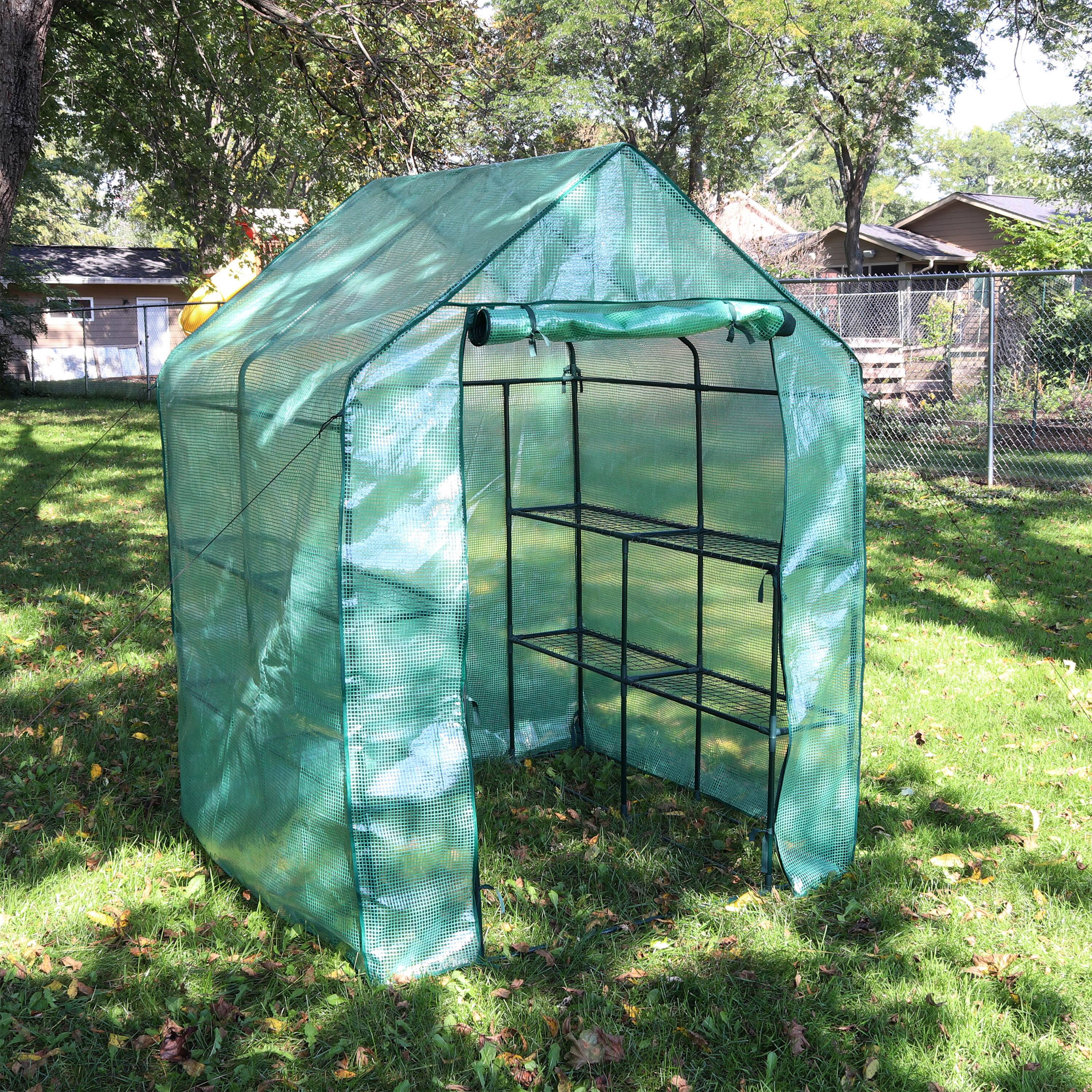 Alt View 3. Sunnydaze - Large Iron PE Cover Walk-In Greenhouse with 4 Shelves - Green.