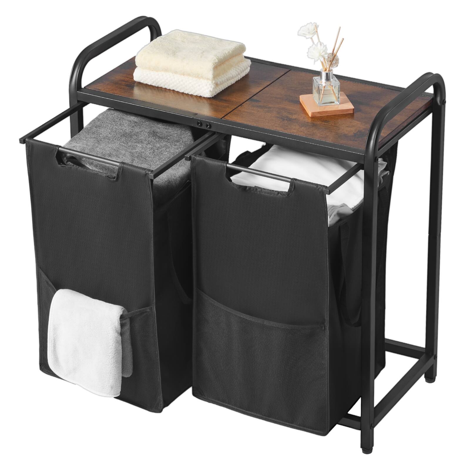 Alt View 5. VEVOR - 2Section Laundry Sorter,Large Laundry Hamper with Metal Frame and Wooden Tabletop,Freestanding Storage Organizer Baskets - Black, Brown.