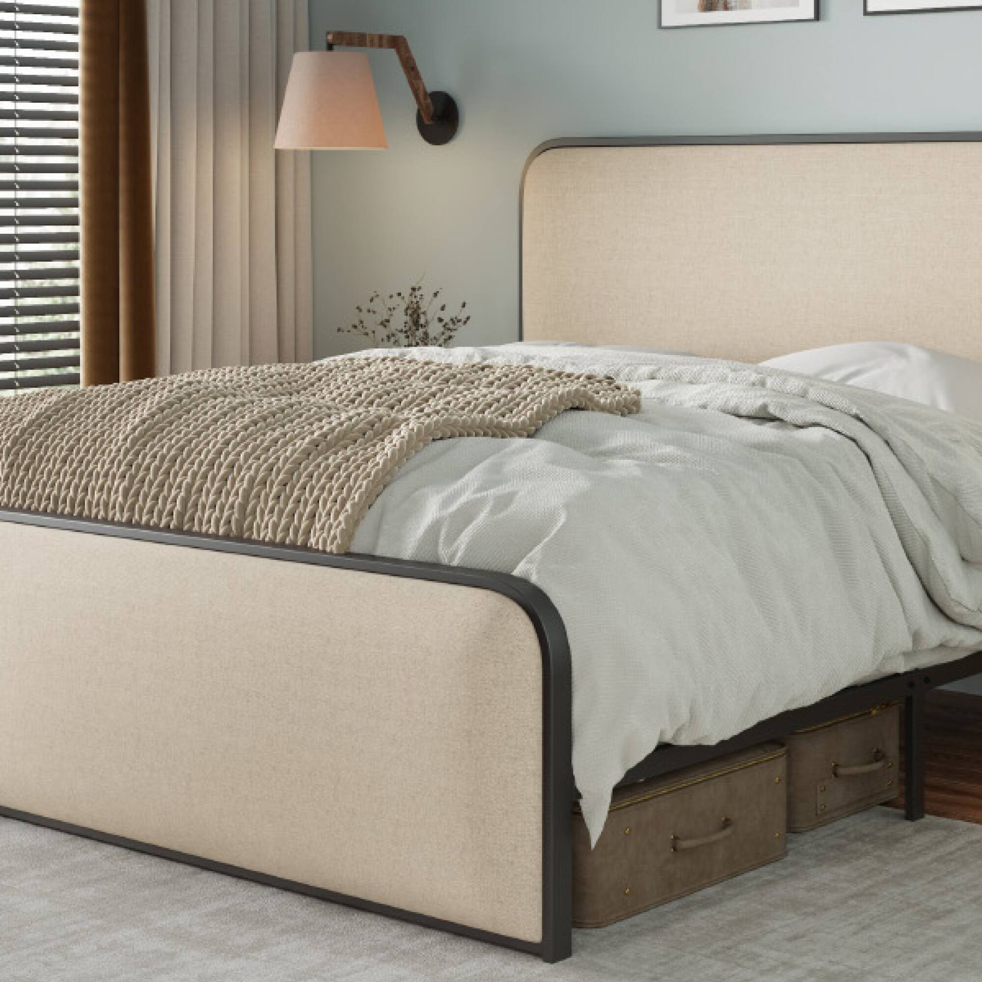 Back. GOODSILO - Modern Metal Bed Frame with Curved Upholstered Headboard and Footboard Featuring Under Bed Storage - Beige.