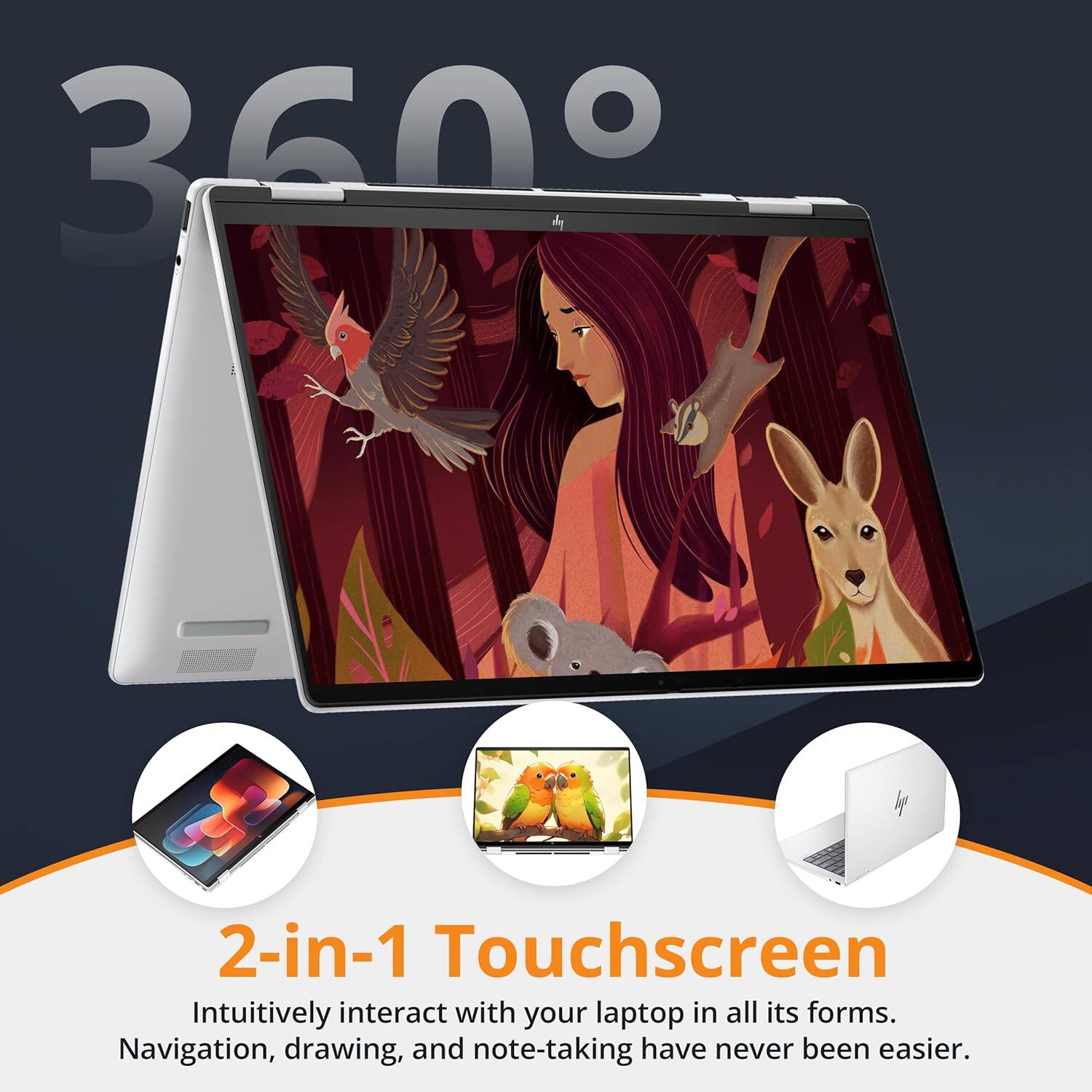 360° 2-in-1 Touchscreen Intuitively interact with your laptop in all its forms. Navigation, drawing, and note-taking have never been easier.