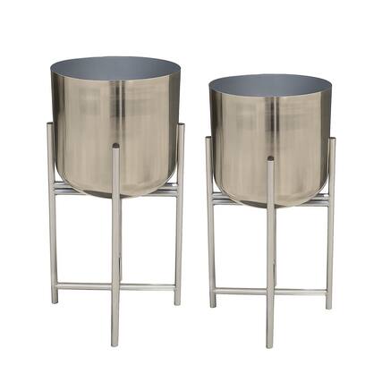 Front. Manhattan Lane - Aira Set of 2 Planters | 19, 22" Tall | Foldable Iron Stand | Nickel Finish.