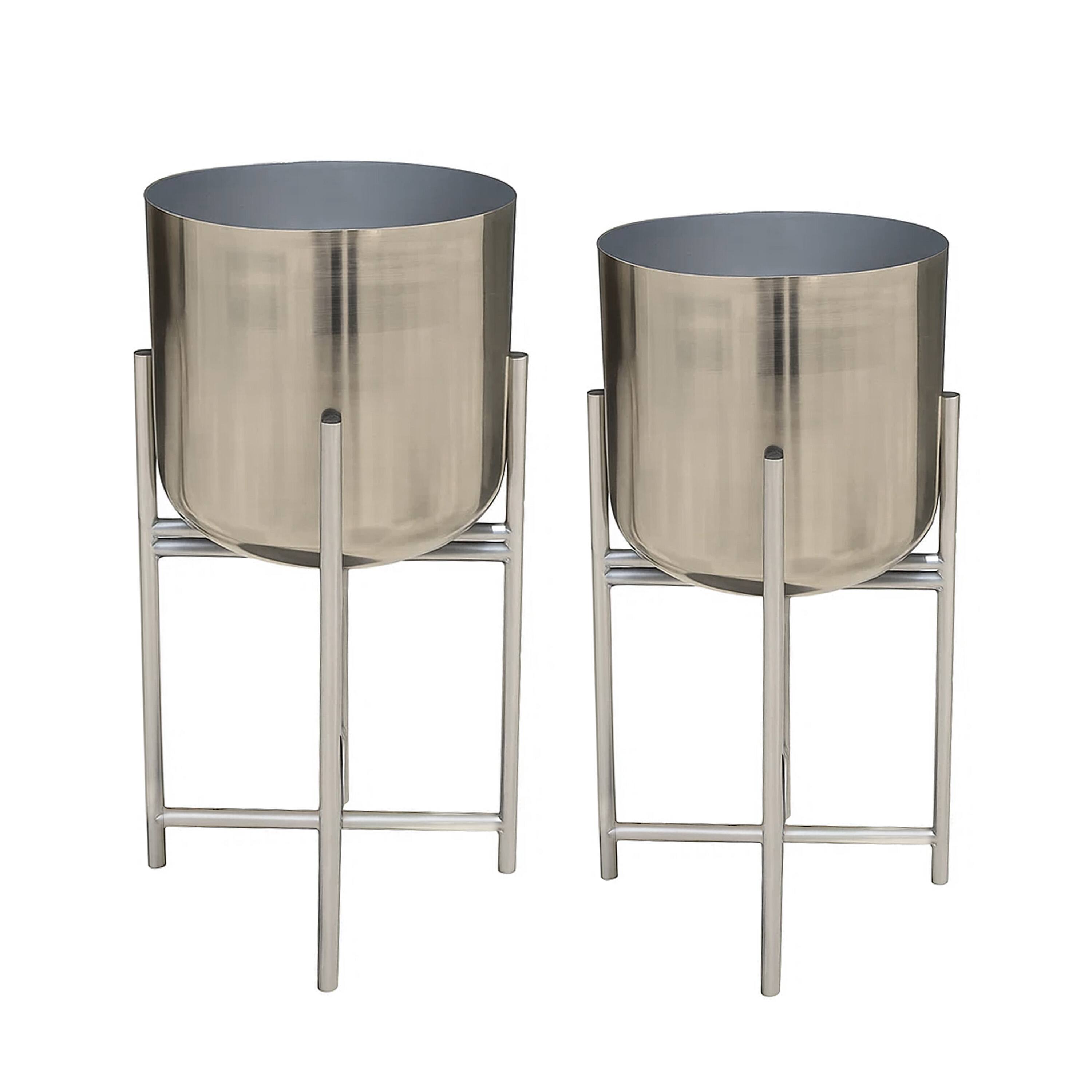 Front. Manhattan Lane - Aira Set of 2 Planters | 19, 22" Tall | Foldable Iron Stand | Nickel Finish.