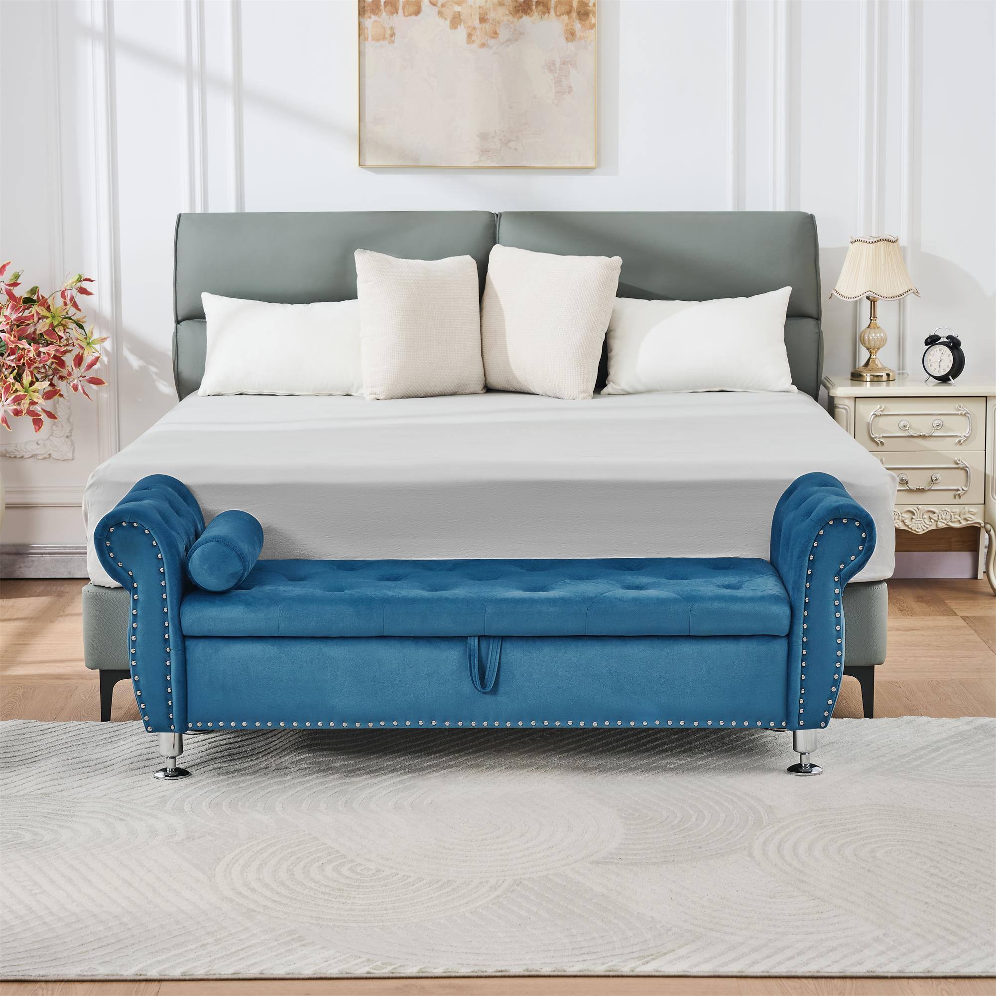 Alt View 2. Boyel Living - 62.2In Blue Velvet Storage Bench w Crystal Buttons&Pillow for Bedroom Living Room - Blue.