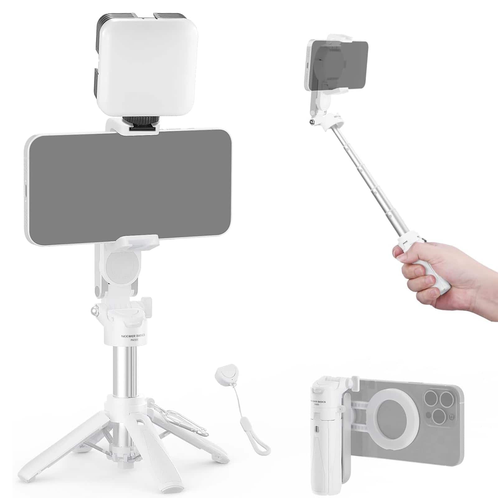 Neewer - Magnetic Selfie Stick Tripod for MagSafe iPhones, w/ Remote, White