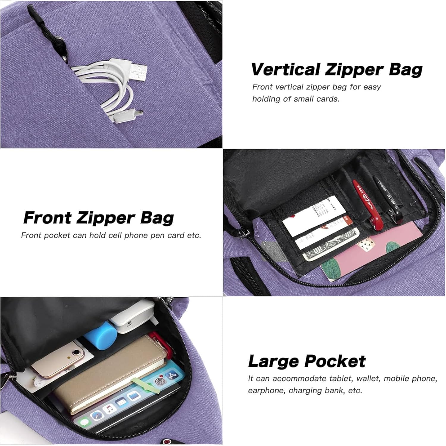 - Vertical Zipper Bag: Front vertical zipper bag for easy holding of small cards.
- Front Zipper Bag: Front pocket can hold cell phone, pen, card, etc.
- Large Pocket: It can accommodate tablet, wallet, mobile phone, earphone, charging bank, etc.