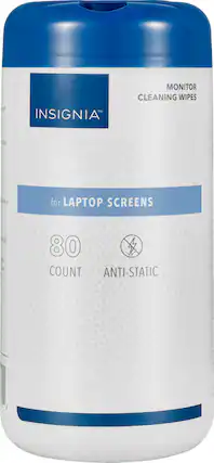 The image features a blue and white container of Insignia Monitor Cleaning Wipes for laptop screens. The container is designed to clean laptop screens and comes with 80 count anti-static wipes.
