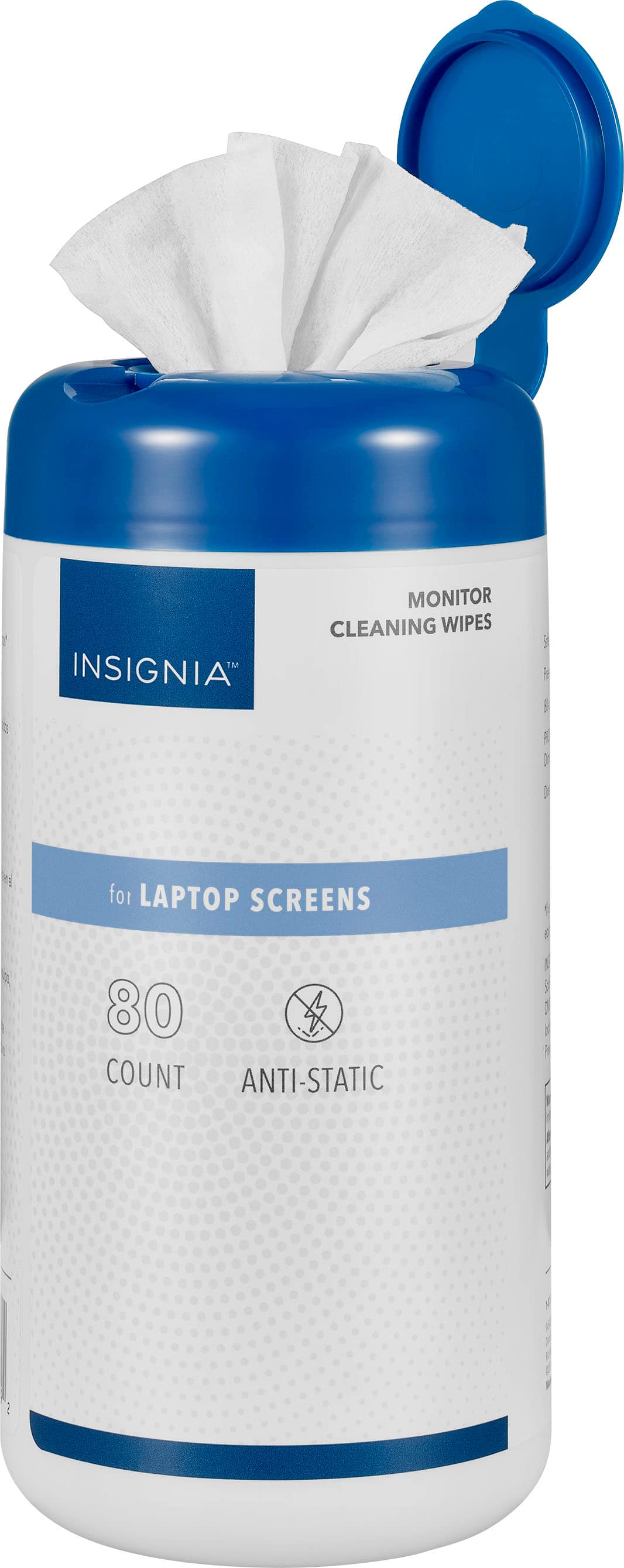 The image features a blue and white container of Insignia Monitor Cleaning Wipes for Laptop Screens. The container is filled with 80 count wipes, which are designed to clean laptop screens and are anti-static. The wipes are intended to keep the screens clean and free from dust and debris, ensuring optimal performance and longevity of the laptop.