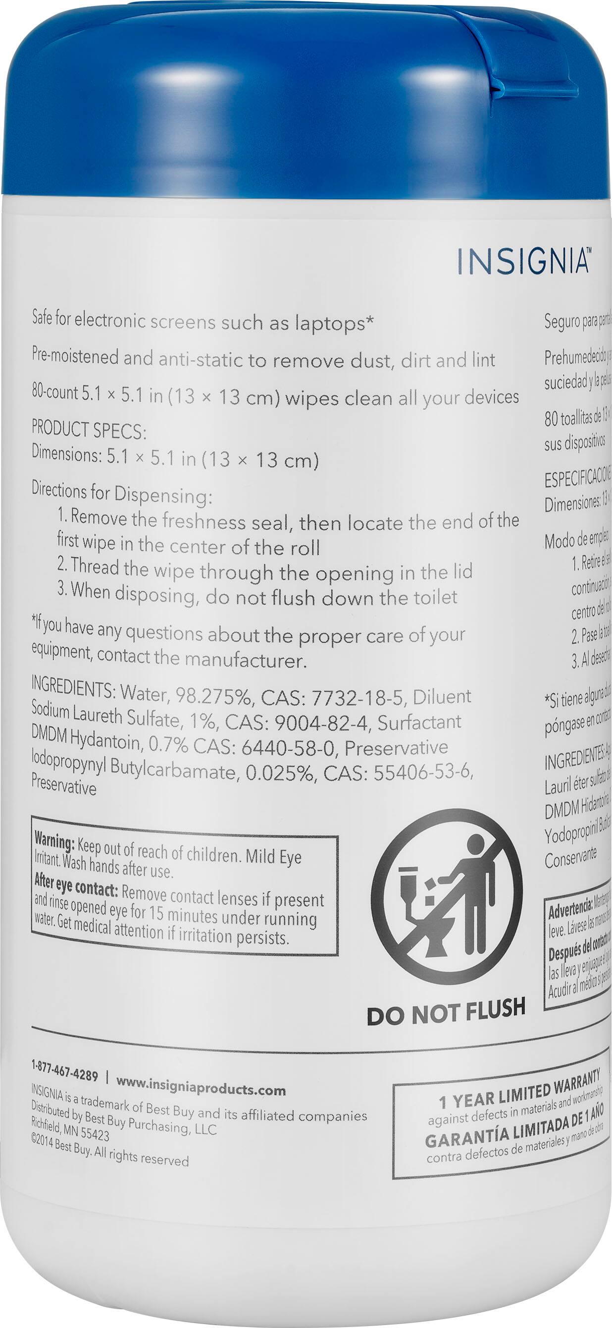 The image features a blue and white bottle of Insignia, which is a cleaning product designed for electronic screens such as laptops. The bottle contains pre-moistened wipes that are anti-static and can remove dust, dirt, and lint. The product has a 13 cm (5.1 in) wipe, and it is suitable for cleaning all your devices. The bottle is made by Insignia and comes with a 80-count pack. The product is easy to use and comes with clear instructions. The ingredients include water, sodium laureth sulfate, hydantoin, and lauri dimethyl butylcarbamate. The product is safe to use and can be used by people of all ages.