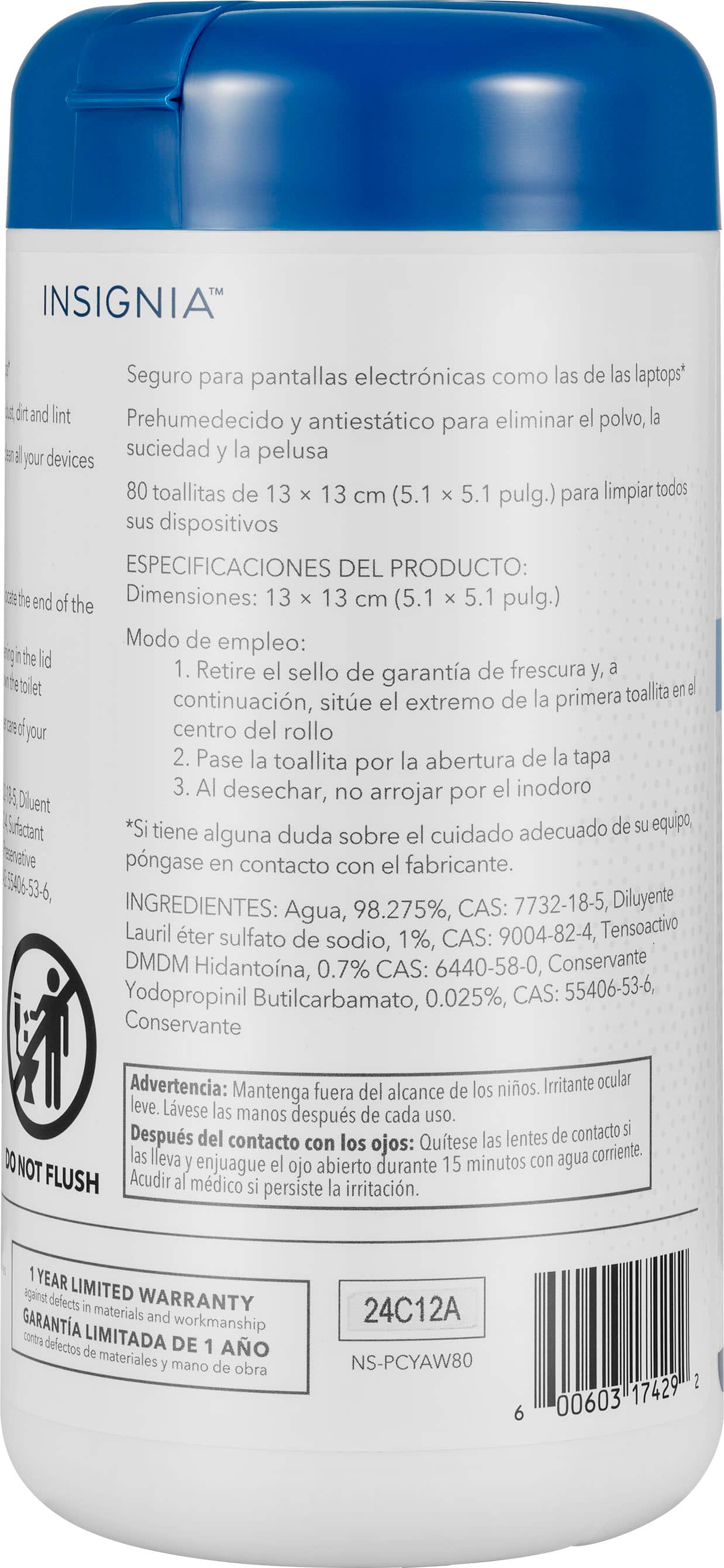 The image features a blue and white bottle of Insignia toilet paper. The bottle is placed on a white background, making it the focal point of the image. The toilet paper is designed to clean electronic devices, such as laptops, and comes with a 13-centimeter (5.1-inch) roll of 80 towels for cleaning purposes. The product is made with 98.275% water and contains ingredients like sodium lauryl sulfate, DMDM Hydantoin, and Yodopropinil Butilcarbamato. The bottle also has a warning to keep it out of reach of children and to wash hands after use.