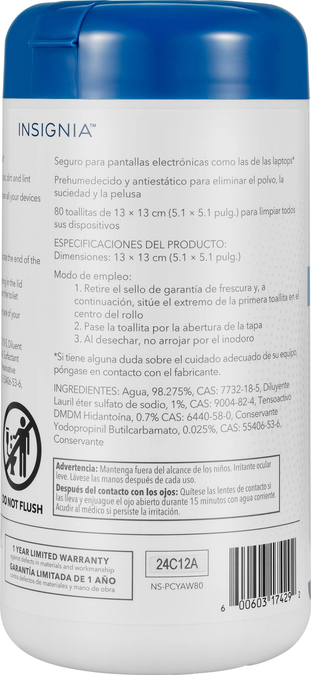 The image features a blue and white bottle of Insignia toilet paper. The bottle is placed on a white background, making it the focal point of the image. The toilet paper is designed to clean electronic devices, such as laptops, and comes with a 13-centimeter (5.1-inch) roll of 80 towels for cleaning purposes. The product is made with 98.275% water and contains ingredients like sodium lauryl sulfate, DMDM Hydantoin, and Yodopropinil Butilcarbamato. The bottle also has a warning to keep it out of reach of children and to wash hands after use.