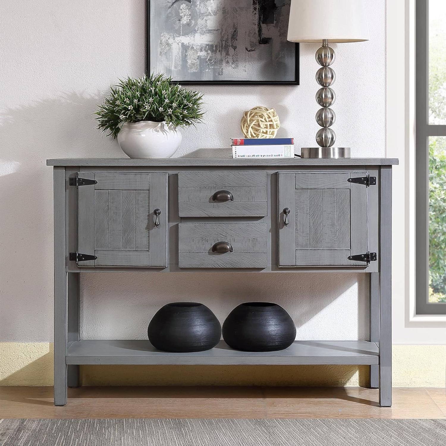 Angle. Hivvago - Solid Wood Farmhouse Sofa Table Sideboard Cabinet with Storage Drawers in Grey - Grey.