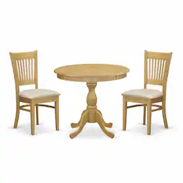 East West Furniture - 3 Piece Dining Table Set Contains 1 Round Pedestal Table and 2 Oak Linen Fabric Wooden Kitchen - Multi-Color