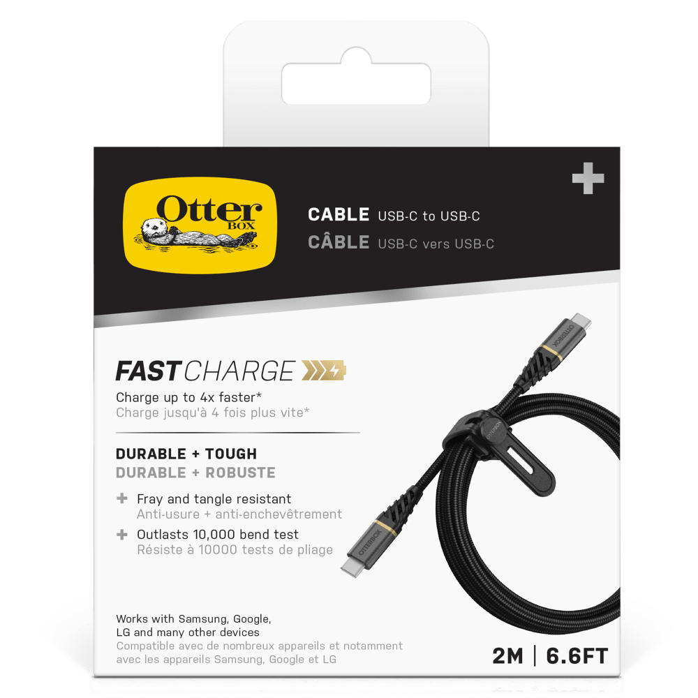 Otter CABLE USB-C to USB-C  
CÂBLE USB-C vers USB-C  

FAST CHARGE  
Charge up to 4x faster*  
Charge jusqu'à 4 fois plus vite*  

DURABLE + TOUGH  
DURABLE + ROBUSTE  

- Fray and tangle resistant  
Anti-usure + anti-enchevetrement  
- Outlasts 10,000 bend test  
Résiste à 10000 tests de pliage  

Works with Samsung, Google, LG and many other devices  
Compatible avec de nombreux appareils et notamment avec les appareils Samsung, Google et LG  

2M | 6.6FT