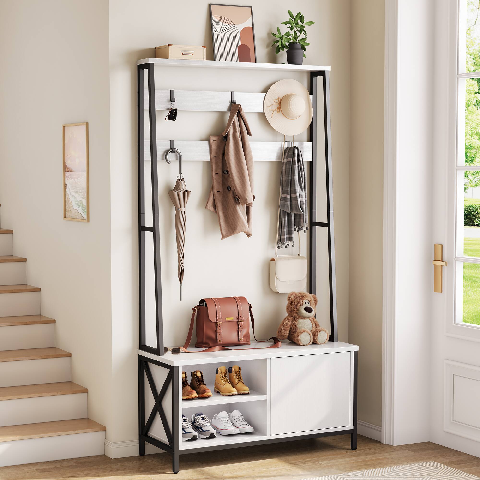 Front. Anysun - Hall Tree with Bench & Shoe Storage - Industrial Style, Wood Look, 6 Hooks. 31.5"W x 15.8"D x 71"H - White.