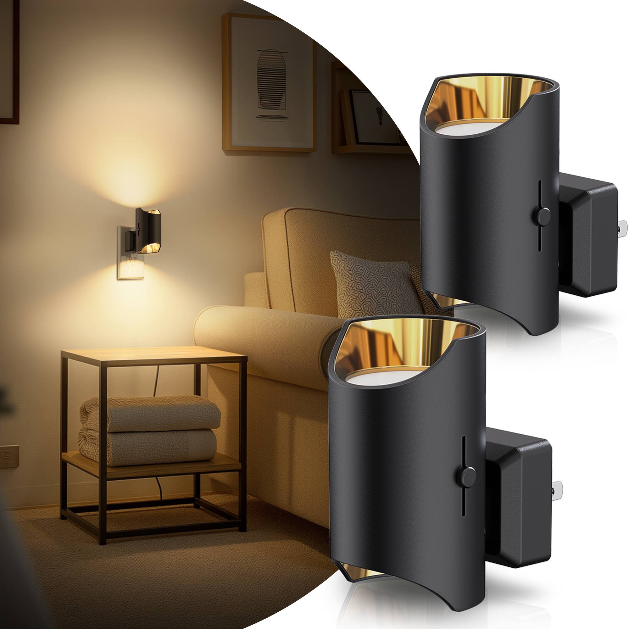 Angle. Jandcase - JANDCASE 2-Pack 1W  Plug-in Night Light, 3000K Warm Glow, Round Cylinder with Cutout, Plated Accent, Up/Down Light, - Black and Gold.