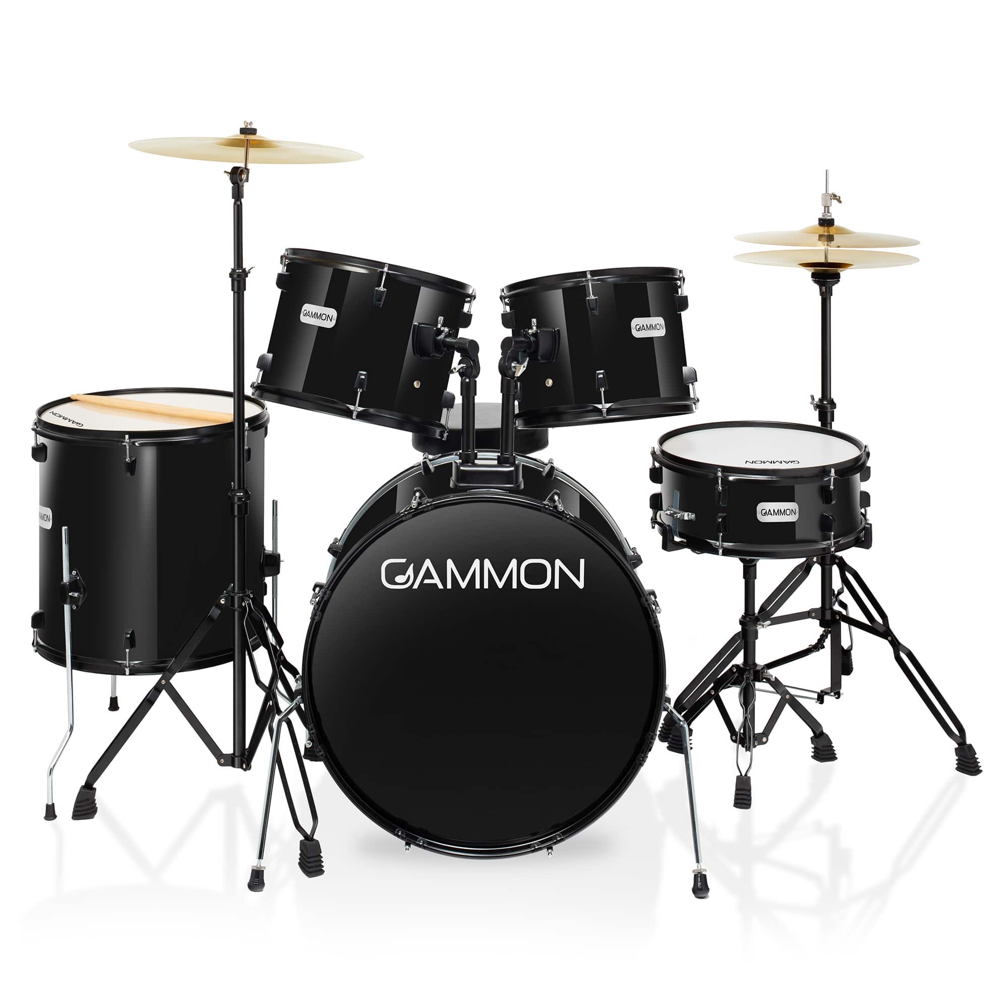 Gammon Percussion - 5pc Adult Drum Set - Full Size Beginner Percussion Kit with Stool - Black