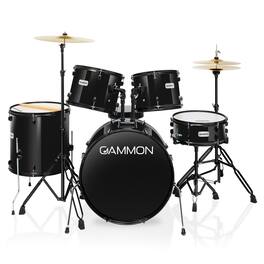 Gammon Percussion - 5pc Adult Drum Set - Full Size Beginner Percussion Kit with Stool - Black