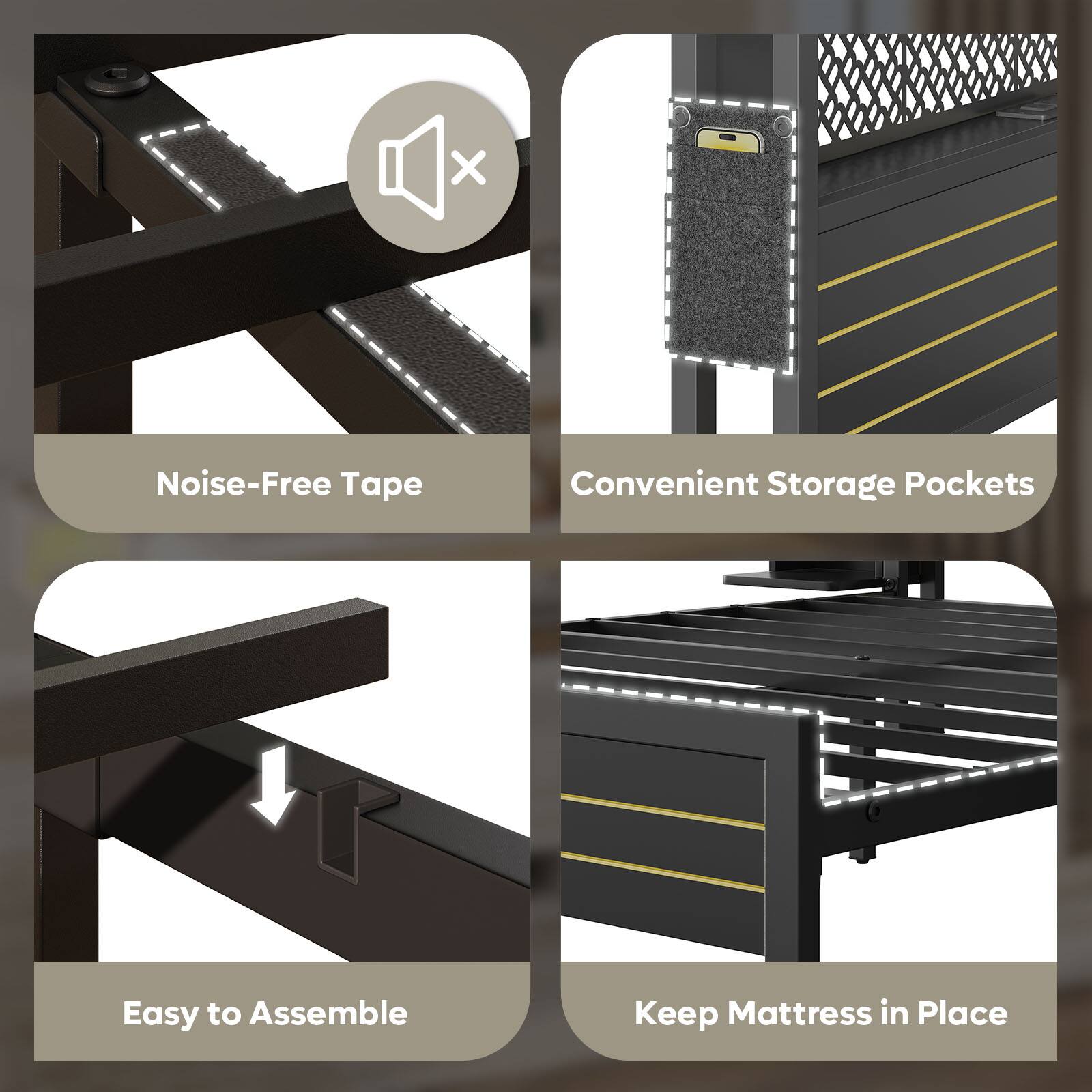 The text on the image is grouped as follows:

1. Noise-Free Tape
2. Convenient Storage Pockets
3. Easy to Assemble
4. Keep Mattress in Place