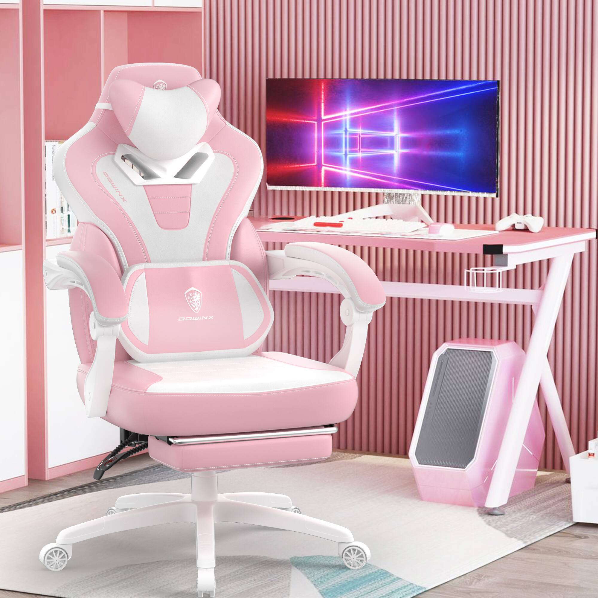 Alt View 3. Dowinx - Gaming Chair Ergonomic with Adjustable Massage Lumbar Support, Reclining Office Chair with Footrest for Adults - Pink.